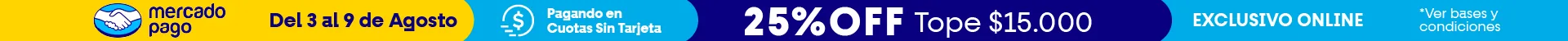 25% de descuento pagando con la opción "cuotas sin tarjeta" de Mercado Crédito / Mercado Pago.  Vigencia: 3 al 9 de Agosto (inclusive). Descuento: 25% off. Tope de reintegro: $15.000 Medio de pago: exclusivo para pagos a través de la opción "Cuotas sin Tarjeta", a través de tienda online (no aplica para sucursales físicas).